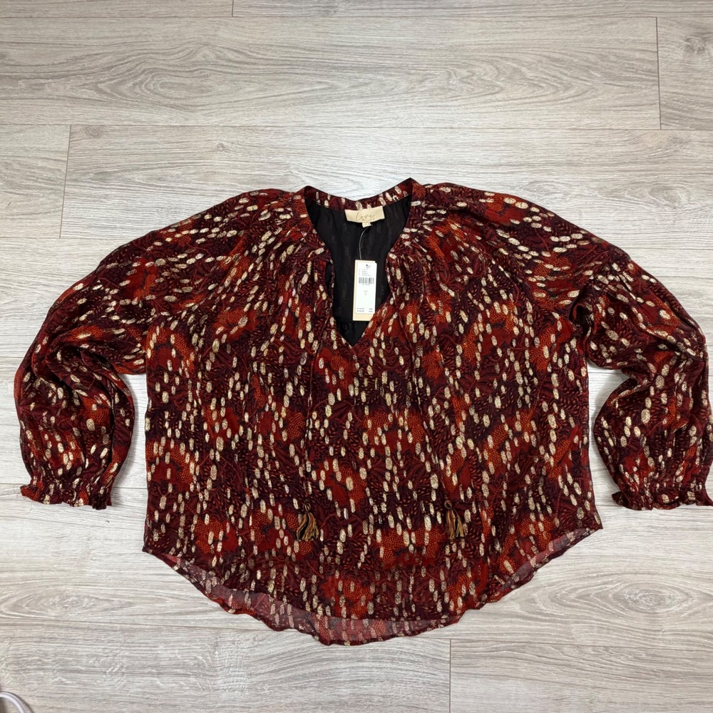 Love The Label Anthropologie Red Metallic Gold Dot Boho Blouse Top Large‎ NWT